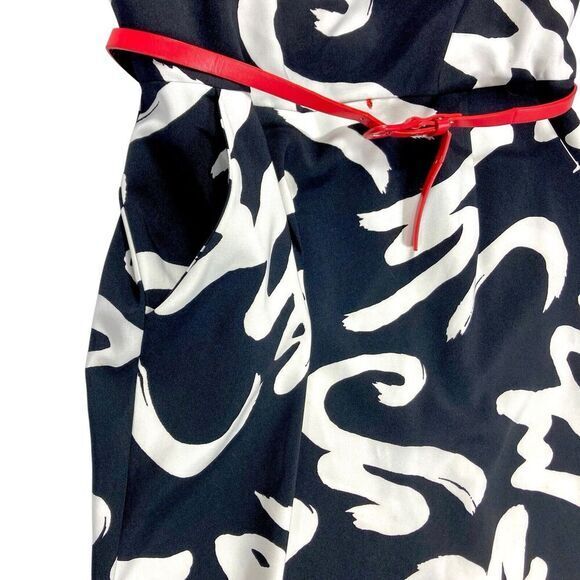 Emma & Michele Midi Dress Women 14 Black White Printed Belted 70s Classy Elegant - Picture 16 of 16